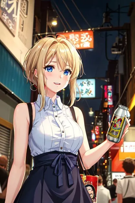(high quality:1.4), (high resolution:1.3), (incredibly detailed:1.28), cinematic lighting, masterpiece, perfect anatomy,1woman,adult woman, slim, blonde hair , ,messy hair, disheveled hair, blue eyes, Beautiful blue eyes,droopy eyes, high pointed nose,nostrils , violet evergarden ,blush,correct finger,beautiful fingers,
,outdoor,,smile,upper body close-up,various expressions,she is drunk,Very fun,from below,
mini dress,casual mini dress,mini skirt,sleeveless shirt,Adult-like dress,With a can of beer in hand,
syonbenyokocho, street, japan,