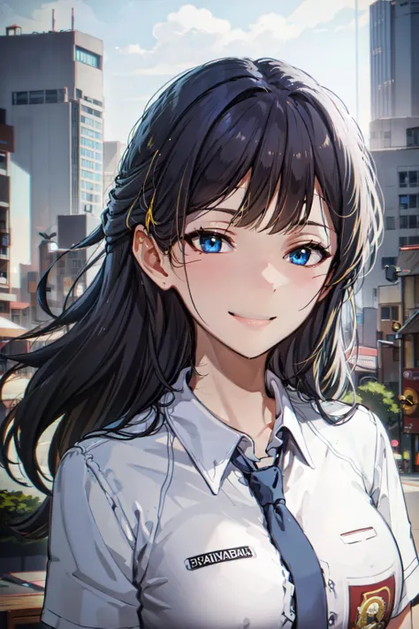 (masterpiece, best quality, ultra detailed), (perfect face, detailed face), (detailed background, complex background:1.2), full-face blush, (smile:1.2), wind, windy, looking at viewers,
<lora:Mogami:1> MogamiDef, black hair, long hair, blush, bangs, blue eyes, sidelocks, blunt bangs, IHSU, <lora:IHSU-10:0.8>, (upperbody:1.5), tilt head, solo, standing,
(outdoors, building, city, modern city, upper building)
