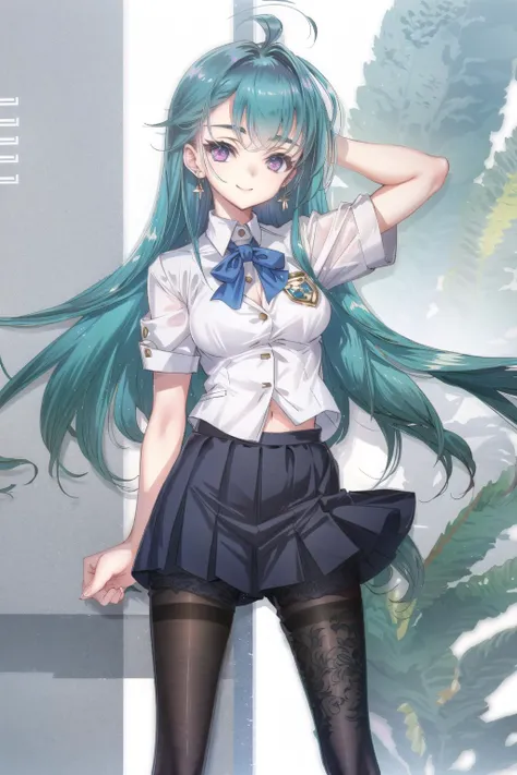 choco, 1girl, pantyhose, solo, smile, blue hair, purple eyes, breasts, school uniform, long hair, shorts, black pantyhose, medium breasts<lora:choco-pynoise-000012:1>