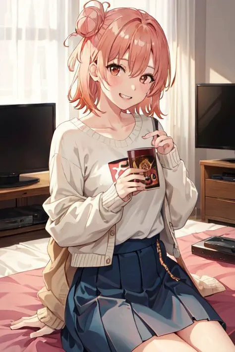 masterpiece, best quality, cowboy shot, looking at viewer, grin, yui yuigahama, short hair, single hair bun, sweater, sitting, indoors, messy bedroom, television, <lora:yui_yuigahama_v2:1>