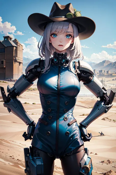 1girl, cogs, steampunk, (cyborg), (cybernetic), desert, upper body, steam, daylight, strong light, cactus, haybales, cowboy hat, hands on hips, desert scenery
