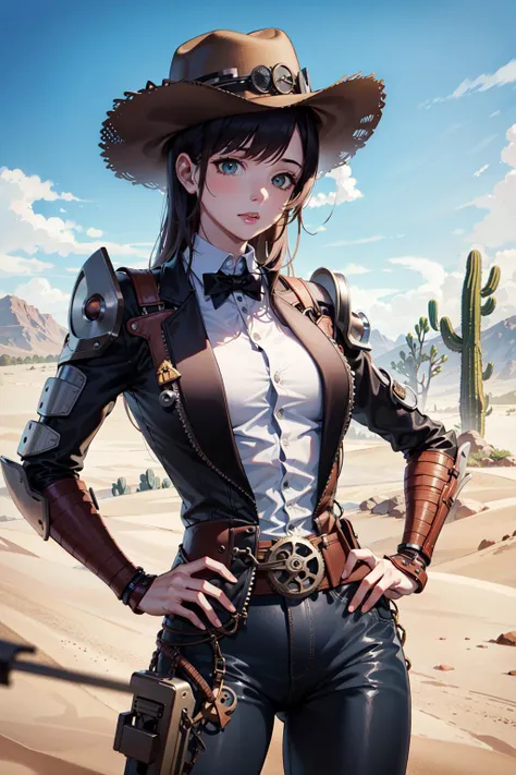 1girl, cogs, steampunk, cyborg, desert, upper body, steam, daylight, strong light, cactus, haybales, cowboy hat, hands on hips, desert scenery