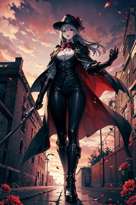 (1girl), big breasts, walking, black_coat, black_headwear, boots, black_coat, cape, capelet, coat, full_body, gauntlets, gloves, hat, hunter_\(bloodborne\), long_coat, solo, standing, (black accent), night sky, from below, flower scenery, (red sky), starry sky, (roses), rose petals