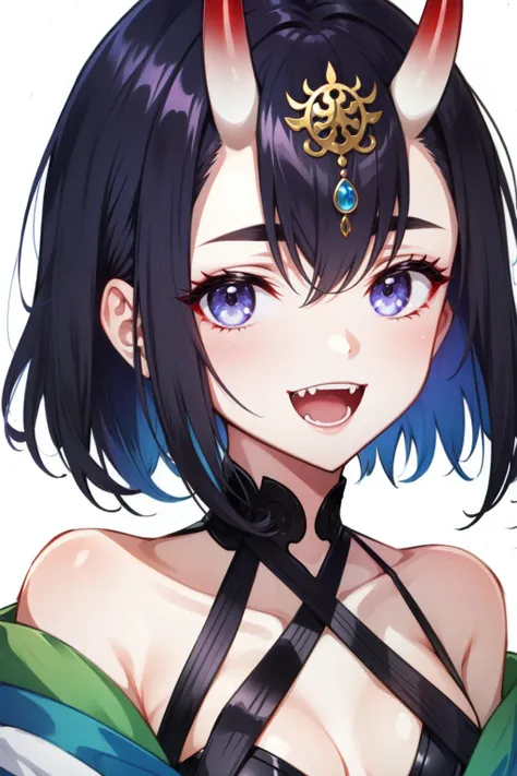 shuten douji, horns, bob cut, smile, purple eyes, solo, fangs, eyeliner, short eyebrows, headpiece, simple background, bare shoulders, skin-covered horns, portrait, purple hair, 1girl, white background, oni horns, short hair, oni, looking at viewer, makeup, open mouth, collarbone