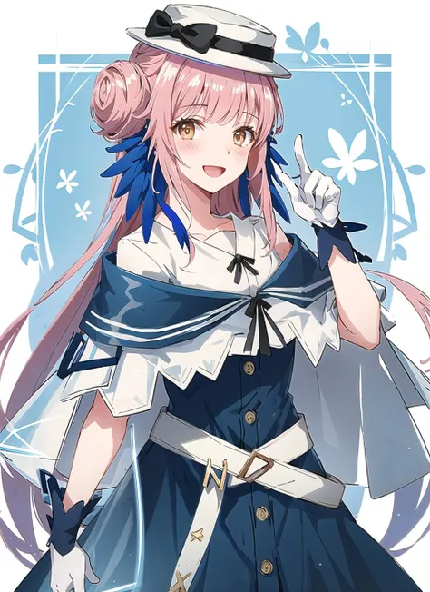 origin, 1girl, solo, gloves, white gloves, smile, looking at viewer, white headwear,white belt, open mouth, blue dress,blush, :d, hand up <lora:ceylon-pynoise-000009:1>