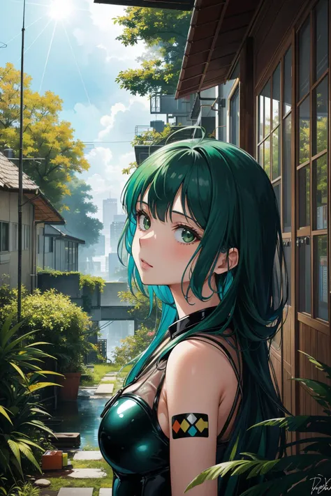 1girl, (manga art by Yuko Shimizu:0.9) and (Ton Dubbeldam:1.3) and (Terada Katsuya:0.7) , mundane Oil painting, Breakcore, concept art, over the shoulder shot of a French ([Rubik's cube|Conditioner]:1.3) , it is very Glistening and Cyberpunk, it is anthropomorphic reimagined as The Dukes of Hazzard series character, it is covered in Decals, garden and Twig background, crowded jungle with Poplar, Stormy weather, split diopter, Classical, Frightening, soft light, Circular polarizer, Lomography, halation, dripping deep green, absurdres, High quality