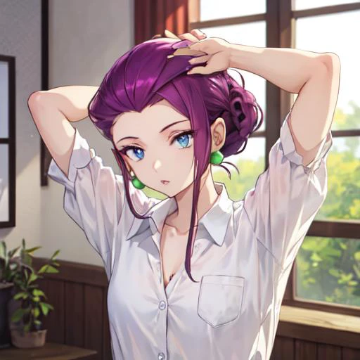 jessie pokemon, buttons, jewelry, arms behind head, upper body, blue eyes, white shirt, solo, makeup, shirt, collared shirt, 1girl, medium breasts, arm up, purple hair, earrings, collarbone, hair slicked back, indoors, parted lips, blurry background, <lora:jessie v2 by goofy ai:1>
