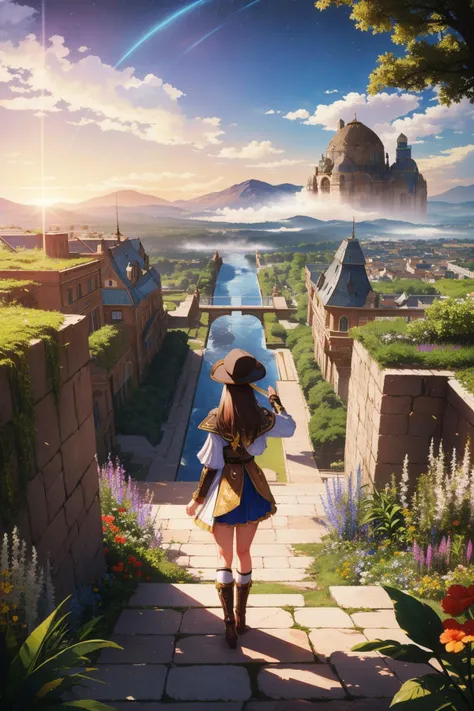 1girl, dramatic Photograph, hyper detailed, landscape of a Suspicious Masterpiece ([The Garden of Eden|The Rosetta Stone]:1.3) in the distance there is a Amphitheater, Cossack forest and mountains, Stars in the sky, Masterpiece, Shameless, Dieselpunk, Sunlight, sharp, focussed, compact camera, Zoom lens, Sepia filter, quantum wavetracing, Orton effect, "Through the looking glass, reality fractures, revealing a kaleidoscope of infinite possibilities.", professional, arthouse