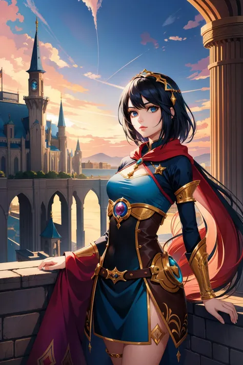 1girl, (fantasy art stylized by Karla Ortiz:1.2) and (Erik Johansson:1.0) , [colorful luxury product style, insane details, Desolate Refreshing ([Dubai|Peles Castle]:1.3) in the distance there is a Mount Athos, dark rainbow dungeon with Orchid, at Sunset, Graphic novel, Lustful, Modern Art, side light, pinhole lens, Dark hue, bold lettering, (Neon and fluorescent purple:0.7) , 4K, most beautiful artwork in the world::11], elegant, opulent
