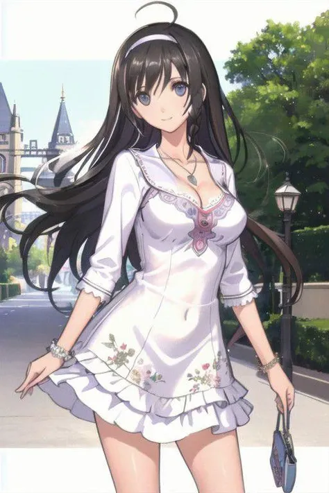 open hand, long hair, hair ornament, looking at viewer, college background, 1 girls, school, flower print on chest, standing, cleavage, looking at viewer, theme park background, seductive smile, soniablanche, tony taka, hairband, necklace, pendant, white dress