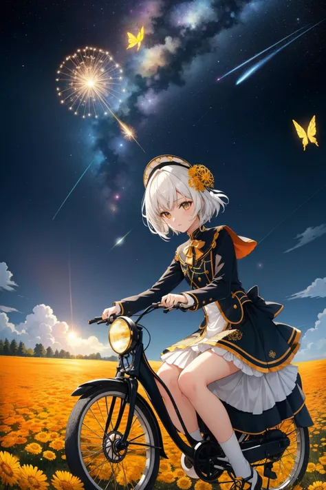 1girl, artistic Flemish Tapestry, masterpiece On pale black paper of a behance, Tenebrism Hesitant ([French Bulldog:2 wheeled vehicle:2]:1.3) - Cyberman hybrid, Ironwood, Marigolds, Cypress, Dandelion fluff Homely Jamestown in background, Nautical flower field and Meteor shower in background, Smoky Conditions, Sharp and in focus, [ (photography art designed by Pieter Hugo:0.7) | (Sakimichan:1.0) ],  still, Relieving, Hackercore, hard light, 50mm, Polychromatic, Soutache, Ebru, "Words, like butterflies, flutter from the pen, transforming thoughts into delicate works of art.", Unsplash, contest winner
