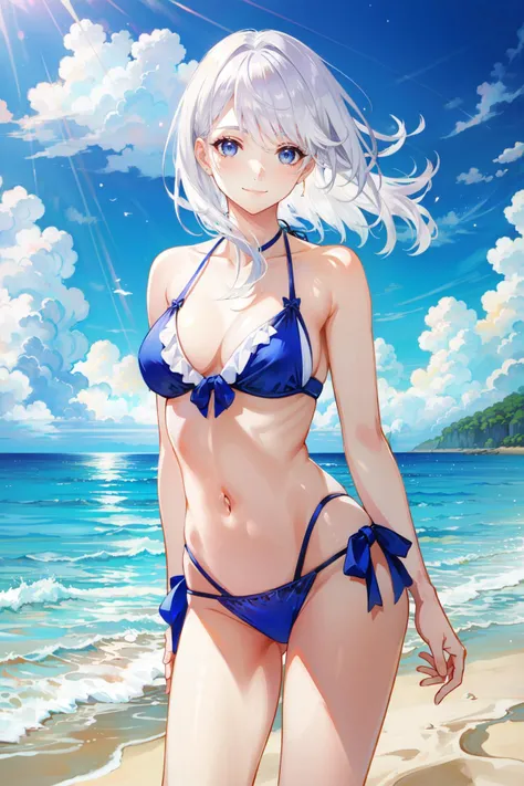 realistic, 1girl, white hair, purple eyes, bikini, beach, light particles, light rays, wallpaper,
