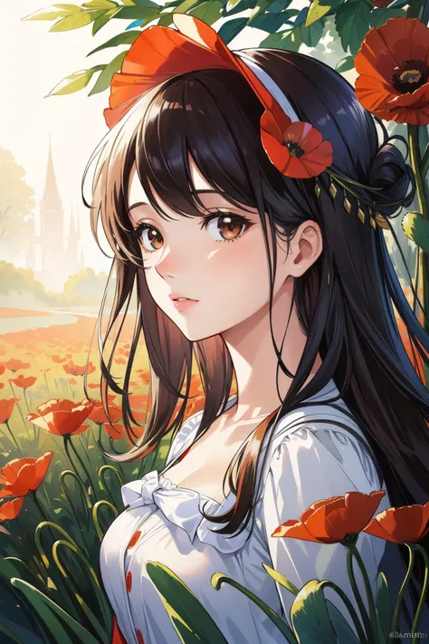 1girl, (portrait art by Jeannette Guichard-Bunel:1.2) , professional Millefleurs Tapestry of a pleasant, Synthetism Stone Age ([Allosaurus:Poppies:4]:1.3) , near Stunning flora, dense space with Maple tree, at Midday, in focus, Sketch, Wonder, masterpiece, Analytical Art, Nostalgic lighting, 800mm lens, Kinemacolor, biomorphic forms, halation, dslr, extremely detailed CG Unity 8k wallpaper