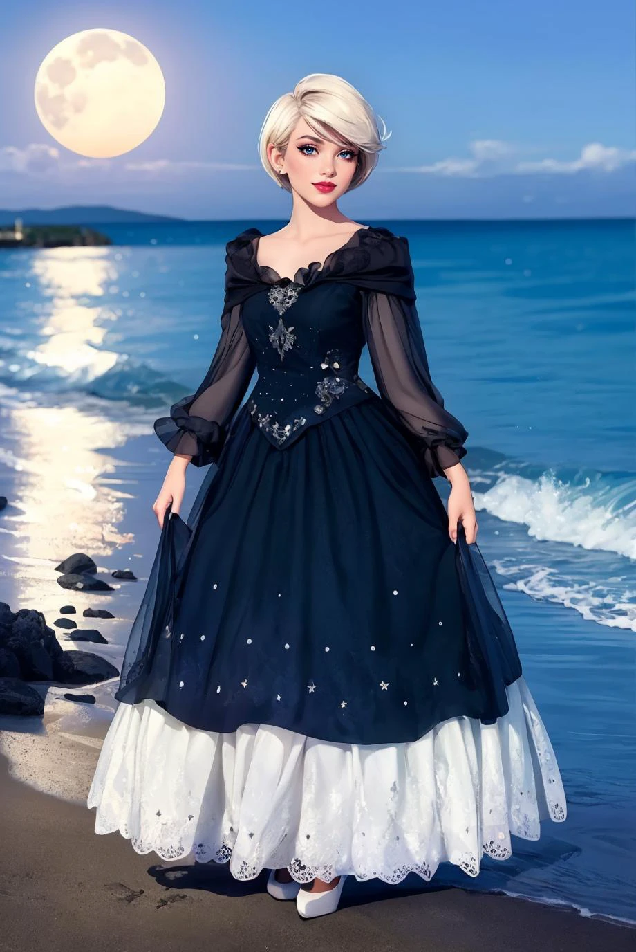 anime, woman, Adult, looking at viewer, (full body photo:1.3), (platinum blonde pixie cut), b34uty_g0wn_4,long gown, full skirt, sparkles, brooch, lace, puffy underskirt, long sheer sleeves, long cloak, <lora:b34uty_g0wn_4-13:0.765>, best quality, high detail, high quality, high res, 4k,eyeliner, pouty lips, detailed skin texture, (blush:0.5), ocean shore background, smiling, moonlight