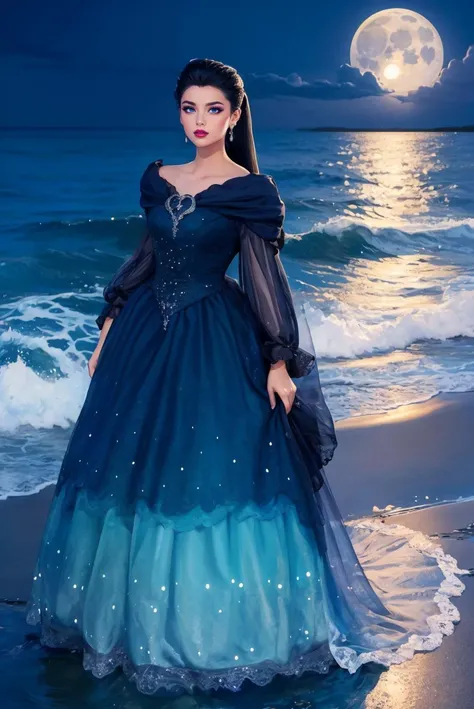 Woman, adult, looking at viewer, (full body photo:1.3), (Slicked-Back Taper Cut with Side Part:1.3), b34uty_g0wn_4,long gown, full skirt, sparkles, brooch, lace, puffy underskirt, long sheer sleeves, long cloak, <lora:b34uty_g0wn_4-13:0.8>, best quality, high detail, high quality, high res, 4k,eyeliner, pouty lips, detailed skin texture, (blush:0.5), ocean shore background, smiling, moonlight