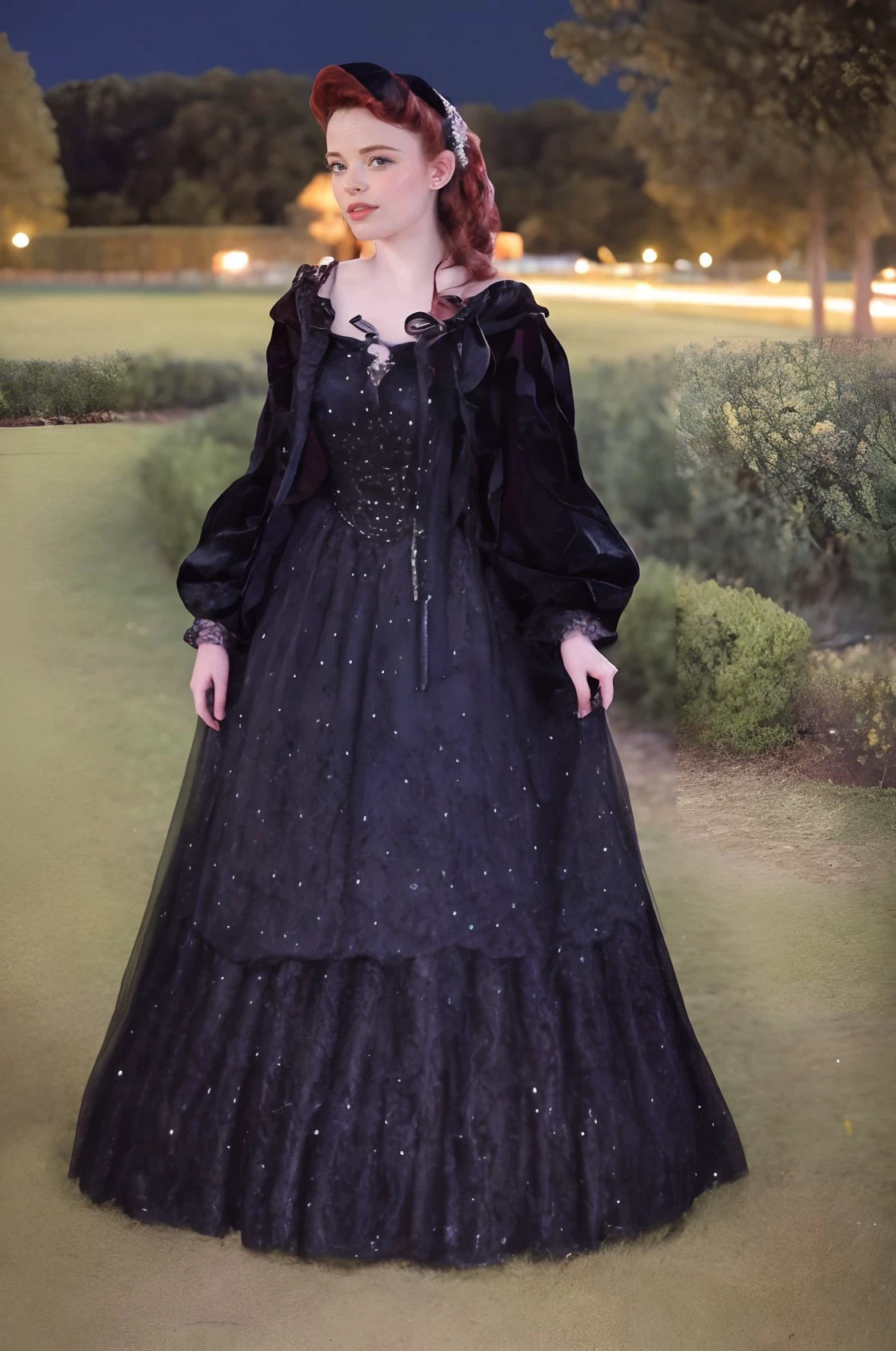 high quality photo of
<lora:Ellie_Littlechild:1.3> ellie_littlechild,
<lora:b34uty_g0wn_4-13:0.8> b34uty_g0wn_4,long gown, full skirt, sparkles, brooch, lace, puffy underskirt, long sheer sleeves, long cloak
at night, crystal lights