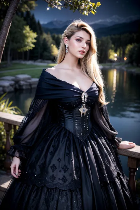 (realistic:1.3), finely detailed, quality, rembrandt lighting, (masterpiece:1.2), (photorealistic:1.2), (best quality), (detailed skin:1.3), (intricate details), dramatic, ray tracing, 1girl, french girl, 21 years old, detailed skin texture, (blush:0.5), (goosebumps:0.5), subsurface scattering, smiling, medium breasts, long hair curls, blonde hair, bangs, hair between eyes, b34uty_g0wn_4, long gown, full skirt, sparkles, brooch, lace, puffy underskirt, long sheer sleeves, long cloak, (cowboy shot:1.3), (night, night sky, lake, shimmering lights far away), <lora:b34uty_g0wn_4:0.65>