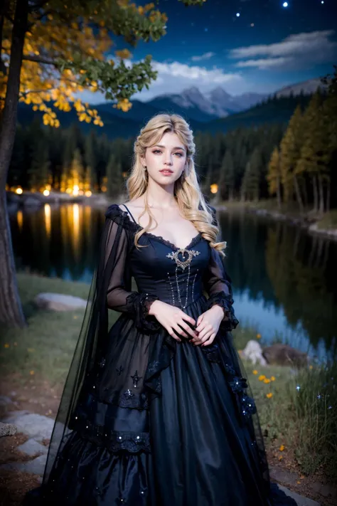 (realistic:1.3), finely detailed, quality, rembrandt lighting, (masterpiece:1.2), (photorealistic:1.2), (best quality), (detailed skin:1.3), (intricate details), dramatic, ray tracing, 1girl, french girl, 21 years old, detailed skin texture, (blush:0.5), (goosebumps:0.5), subsurface scattering, smiling, medium breasts, long hair curls, blonde hair, bangs, hair between eyes, b34uty_g0wn_4, long gown, full skirt, sparkles, brooch, lace, puffy underskirt, long sheer sleeves, long cloak, cowboy shot, (night, night sky, lake, shimmering lights far away), <lora:b34uty_g0wn_4:0.65>