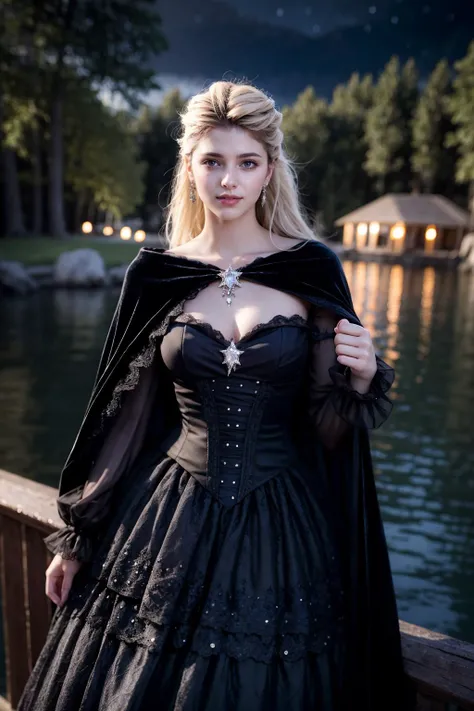 (realistic:1.3), finely detailed, quality, rembrandt lighting, (masterpiece:1.2), (photorealistic:1.2), (best quality), (detailed skin:1.3), (intricate details), dramatic, ray tracing, 1girl, french girl, 21 years old, detailed skin texture, (blush:0.5), (goosebumps:0.5), subsurface scattering, smiling, medium breasts, long hair curls, blonde hair, bangs, hair between eyes, b34uty_g0wn_4, long gown, full skirt, sparkles, brooch, lace, puffy underskirt, long sheer sleeves, long cloak, (cowboy shot:1.3), (night, night sky, lake, shimmering lights far away), <lora:b34uty_g0wn_4:0.65>