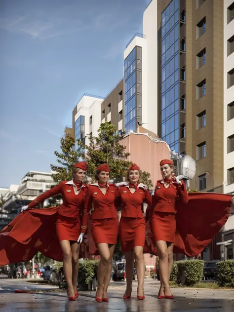 a perfect photo of a group of joyful and pretty women walking, (wearing long red skirt:1.2), stewardess, wearing garrison cap, white gloves, red unifrom <lyco:RussianStewardess_v10:1.0>