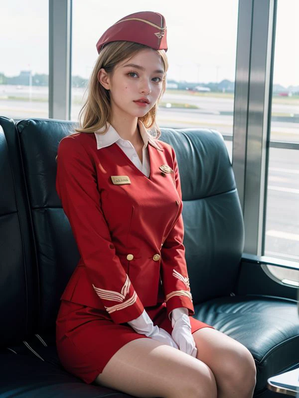 DV_Keeley_Vicious, ((blonde hair)), wavy hair, short hair, best quality, masterpiece, (photorealistic:1.2), (raw photo with soft light), natural skin texture, dynamic pose, 1 woman, saluting, at airport, large breasts, ((wearing red stewardess outfit)) red uniform, garrison cap, pantyhose, white gloves <lora:NegStd3:0.3> <lyco:RussianStewardess_v10:0.5>