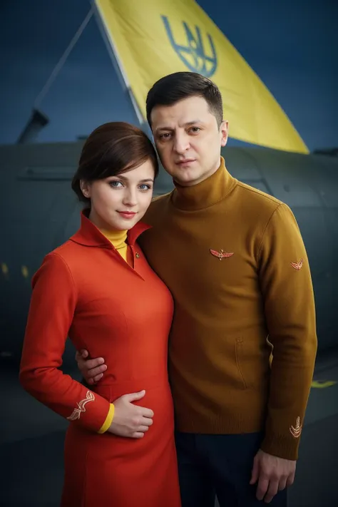 candid photograph of (woman and man together) <lora:aeroflot_2LYCO:0.6> Stewardess,red_uniform wearing a turtleneck sweater and fur jacket and wool skirt ((embracing)) Ukrainian President <lora:Zelenskyy2:0.7> zelenskyy,(3/4 shot),(slight smirk),Kilo class submarine in the background,sunglasses,((Ushanka)),Ukrainian flag,(blue and yellow flag),((Kyiv))