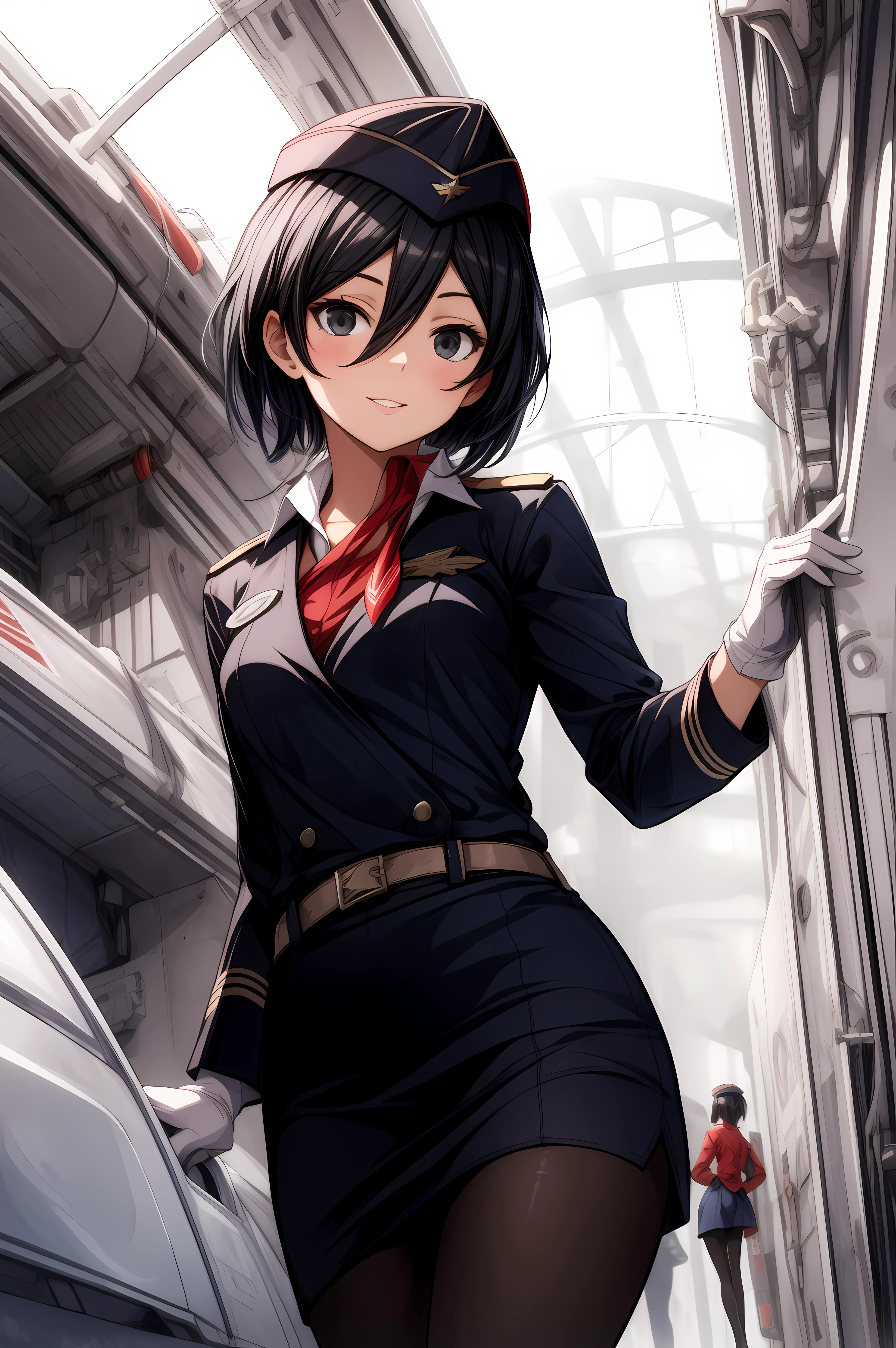 (masterpiece, best quality, extremely delicate), <lora:mikasa ackerman-lora-nochekaiser:0.8> mikasa ackerman, black hair, (black eyes:1.5), hair between eyes, short hair, light smile, <lora:RussianStewardess_v10:0.8> Stewardess, red unifrom, dark blue uniform, garrison cap, white gloves, pantyhose,
<lora:add_detail:1>,