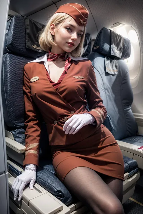 (realistic:1.3), finely detailed, quality, rembrandt lighting, (masterpiece:1.2), (photorealistic:1.2), (best quality), (detailed skin:1.3), (intricate details), dramatic, ray tracing, 1girl, russian girl, 21 years old, detailed skin texture, (blush:0.5), (goosebumps:0.5), subsurface scattering, smiling, medium breasts, long hair curls, blonde hair, bangs, looking at viewer, stewardess, red uniform, garrison cap, pantyhose, white gloves, (airplane cabin), <lyco:RussianStewardess_v10:1.0>