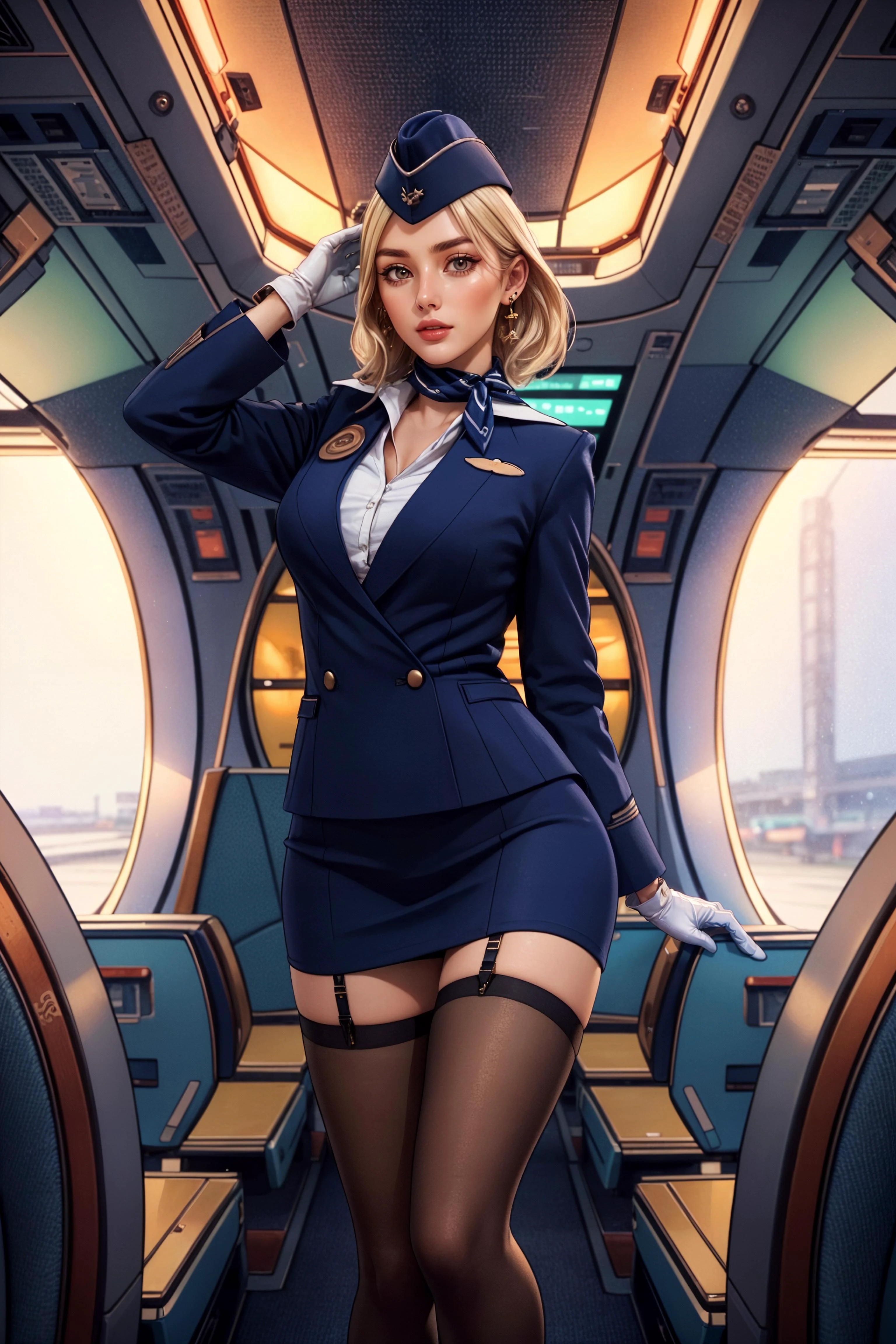 (masterpiece:1.3, realistic:1.3), best quality, ultra detailed, intricate, professional photography, HDR, High Dynamic Range, (8k UHD), RAW photo, dslr, realistic LUT, cinematic LUT, perfect lighting, professional lighting, cinematic lighting, cinematic shadows, iridescent lighting, high quality shadow, sharp focus, beautiful and aesthetic, looking gorgeous, iridescent colours, shiny, high quality texture, intricate details, detailed texture, finely detailed, high detail, cowboy shot, from front,
<lora:ostris_HDhelper_v10:0.1>, <lora:ostris_detailSlider_v40:2>, <lora:envy_betterhands_beta2:1.2>, (pale skin, detailed skin:1.3, Glossy skin + Shiny skin:1.1), long blonde hair, hair ornament, exquisite earrings, gigantic breasts, skinny body, fit body, slim, narrow waist, slim legs, long legs, pantyhose, thighhighs, stockings, high heels, <lora:hatch_russianStewardess_v10:0.9>, Stewardess, dark blue unifrom, garrison cap, white neck scarf, white gloves, inside an aeroplane interior,