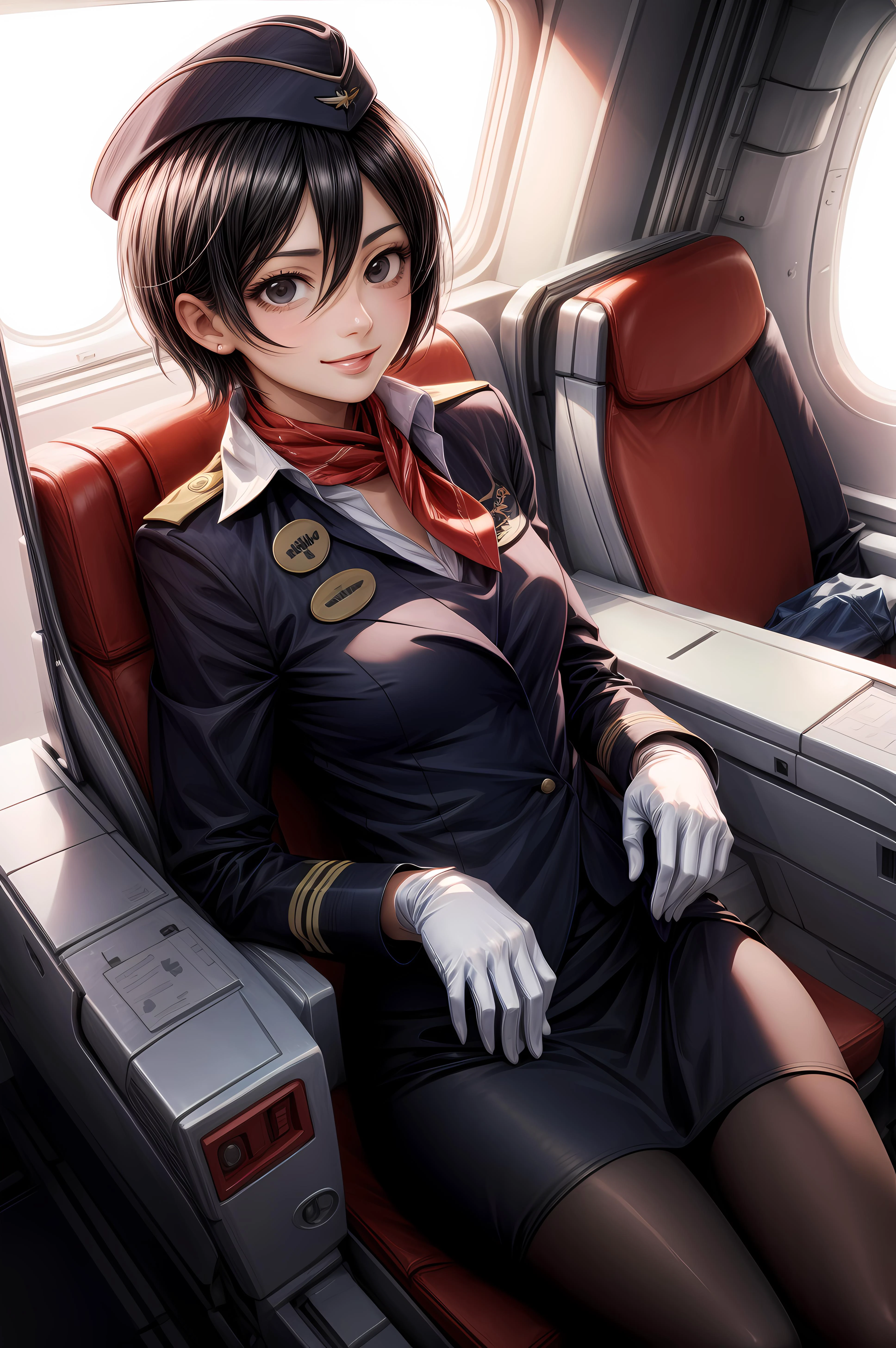 (masterpiece, best quality, extremely delicate), <lora:mikasa ackerman-lora-nochekaiser:0.8> mikasa ackerman, black hair, (black eyes:1.5), hair between eyes, short hair, light smile, <lora:RussianStewardess_v10:0.8> Stewardess, red unifrom, dark blue uniform, garrison cap, white gloves, pantyhose,
<lora:add_detail:1>,