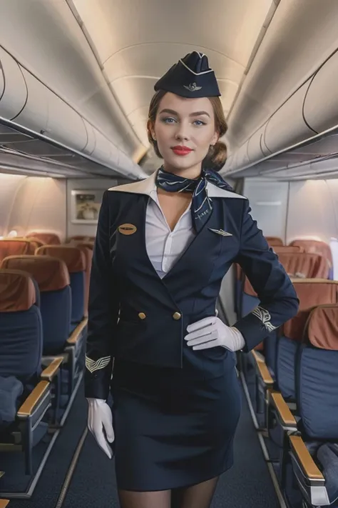 (full body:1.5), best quality,masterpiece,highly detailed,ultra-detailed, detailed skin, detailed eyes, professional photo, cinematic film still, Stewardess, dark blue uniform, garrison cap, white gloves, pantyhose, in aisle of 1950s passenger airplane, vibrant, colorful, <lora:detailed_eye:0.5>, <lora:add_detail:0.5>, <lora:aeroflot_2LYCO:1>