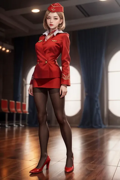 highres,absurdres,masterpiece,best quality,original,extremely detailed CG,extremely detailed wallpaper,perfect lighting,jitome,lips,makeup,standing on the stage,blurry background,
<lora:aeroflot_2LYCO:0.7>,Stewardess,garrison cap,pantyhose,red_uniform,