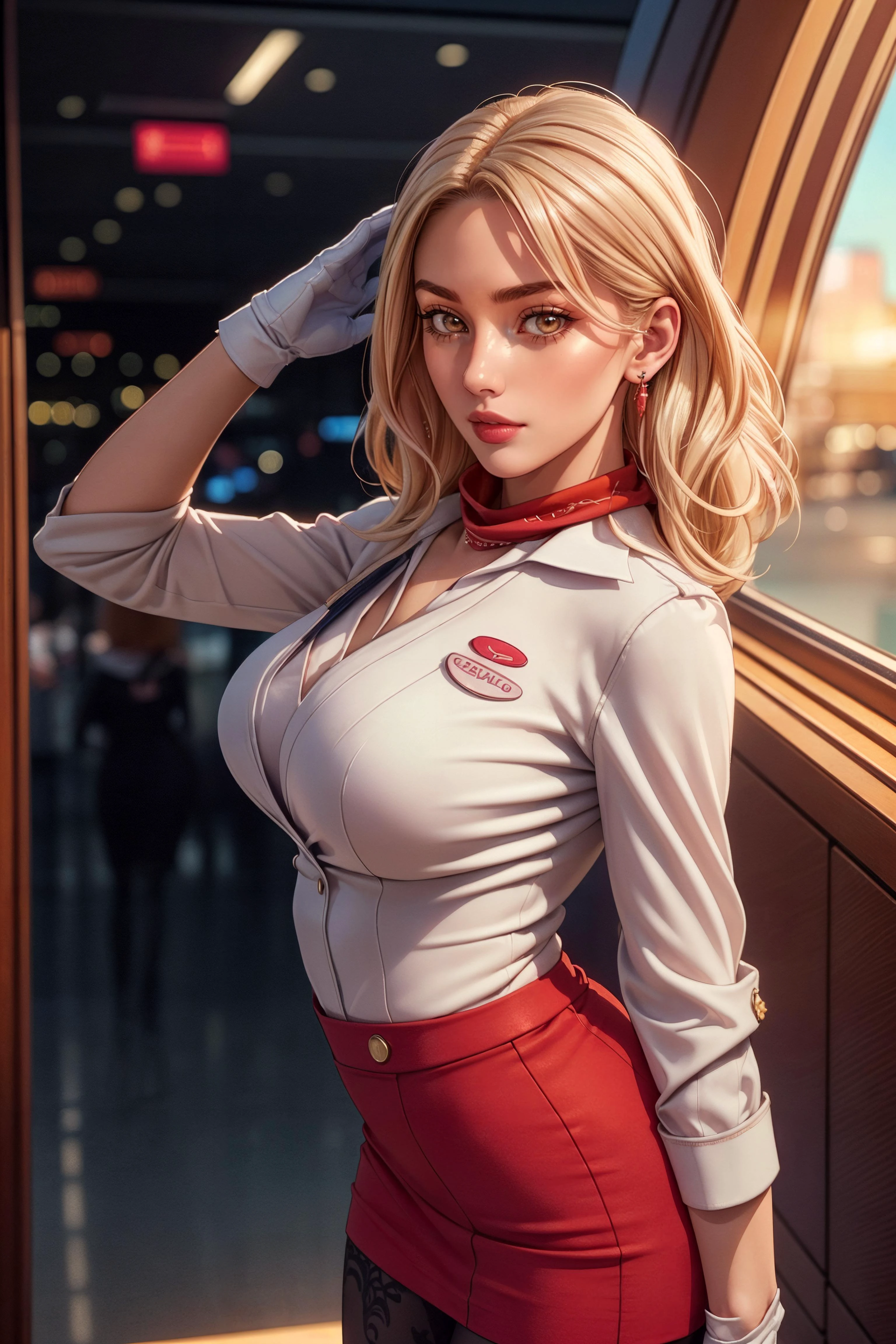 (masterpiece:1.3, realistic:1.3), best quality, ultra detailed, intricate, professional photography, HDR, High Dynamic Range, (8k UHD), RAW photo, dslr, realistic LUT, cinematic LUT, perfect lighting, professional lighting, cinematic lighting, cinematic shadows, iridescent lighting, high quality shadow, sharp focus, beautiful and aesthetic, looking gorgeous, iridescent colours, shiny, high quality texture, intricate details, detailed texture, finely detailed, high detail, cowboy shot, from right, from front, (simple background:1.3, pink gradient background),
<lora:ostris_HDhelper_v10:0.1>, <lora:ostris_detailSlider_v40:2>, <lora:envy_betterhands_beta2:1.2>, (pale skin, detailed skin:1.3, Glossy skin + Shiny skin:1.1), long blonde hair, hair ornament, exquisite earrings, gigantic breasts, skinny body, fit body, slim, narrow waist, slim legs, long legs, pantyhose, high heels,
<lora:hatch_russianStewardess_v10:0.9>, Stewardess, (red unifrom:1.3), pencil skirt, (withe neck scarf:1.3), white gloves, inside an airport interior,