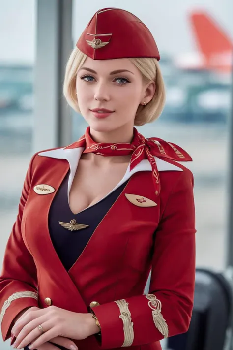 photograph, realistic, hyperrealistic, extremely high detail, (best quality, masterpiece:1.2), 
female, sailor, golden bob hair, pale skin, medium breasts, cleavage, 
dark red uniform, garrison cap, 
at airport, 
salute, looking beyond, 
high detailed skin, ultra high res, <lora:russianStewardess_v10:1>,