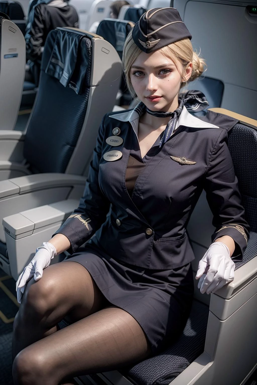 (realistic:1.3), finely detailed, quality, rembrandt lighting, (masterpiece:1.2), (photorealistic:1.2), (best quality), (detailed skin:1.3), (intricate details), dramatic, ray tracing, 1girl, russian girl, 21 years old, detailed skin texture, (blush:0.5), (goosebumps:0.5), subsurface scattering, smiling, medium breasts, hair bun, blonde hair, bangs, looking at viewer, stewardess, dark blue uniform, garrison cap, pantyhose, white gloves, (airplane cabin), <lyco:RussianStewardess_v10:1.0>