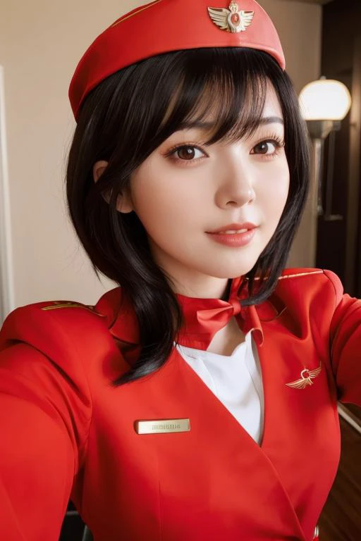 best quality, masterpiece, photorealistic, realistic, upper body selfie,cinematic light, sidelighting, 
1girl, black hair, floating hair, looking at viewers,  happy,filmG,red uniform, garrison cap,
<lora:FilmG4:0.6> <lora:asianGirlsFace_v1:0.4:face> <lyco:RussianStewardess_v10:0.6>