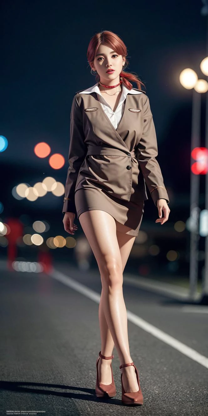 (8k, RAW photo, best quality, masterpiece:1.2), (realistic, photo-realistic:1.37), professional lighting, photon mapping, radiosity, physically-based rendering,night,
(1girl),,extremely beautiful face,skinny body,long legs,large breasts, From photo reference,copper skin,iu1,
stand, ,STEWARDESS,RED UNIFROM,two-tone_hair,choker,full body, shoes,earrings,
depth of field,
The background is a bustling street with cars, buses, and bikes lighting up the road,
There are shops, restaurants, and cafes on both sides of the road, some of them still open and inviting,
People are walking, talking, and enjoying the night life,
The sky is dark and the stars are twinkling,
It is a lively and charming scene,looking at viewer,
, <lora:russianStewardess_v10:1>, <lora:iu_V35:0.7>