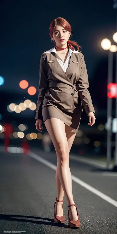 (8k, RAW photo, best quality, masterpiece:1.2), (realistic, photo-realistic:1.37), professional lighting, photon mapping, radiosity, physically-based rendering,night,
(1girl),,extremely beautiful face,skinny body,long legs,large breasts, From photo reference,copper skin,iu1,
stand,      ,STEWARDESS,RED UNIFROM,two-tone_hair,choker,full body, shoes,earrings,
depth of field,
The background is a bustling street with cars, buses, and bikes lighting up the road,
There are shops, restaurants, and cafes on both sides of the road, some of them still open and inviting,
People are walking, talking, and enjoying the night life,
The sky is dark and the stars are twinkling,
It is a lively and charming scene,looking at viewer,
,  <lora:russianStewardess_v10:1>, <lora:iu_V35:0.7>