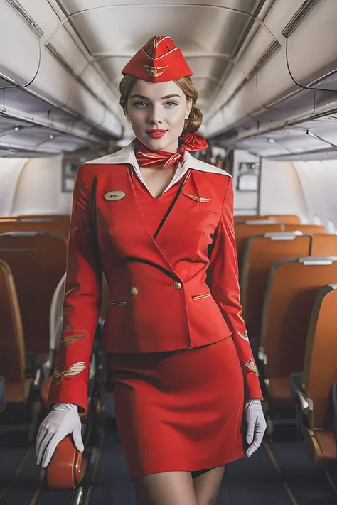 (full body:1.5), best quality,masterpiece,highly detailed,ultra-detailed, detailed skin, detailed eyes, professional photo, cinematic film still, Stewardess, red uniform, garrison cap, white gloves, pantyhose, in aisle of 1950s passenger airplane, hand on hips, looking straight into camera, vibrant, colorful, <lora:detailed_eye:0.5>, <lora:add_detail:0.5>, <lora:aeroflot_2LYCO:1>