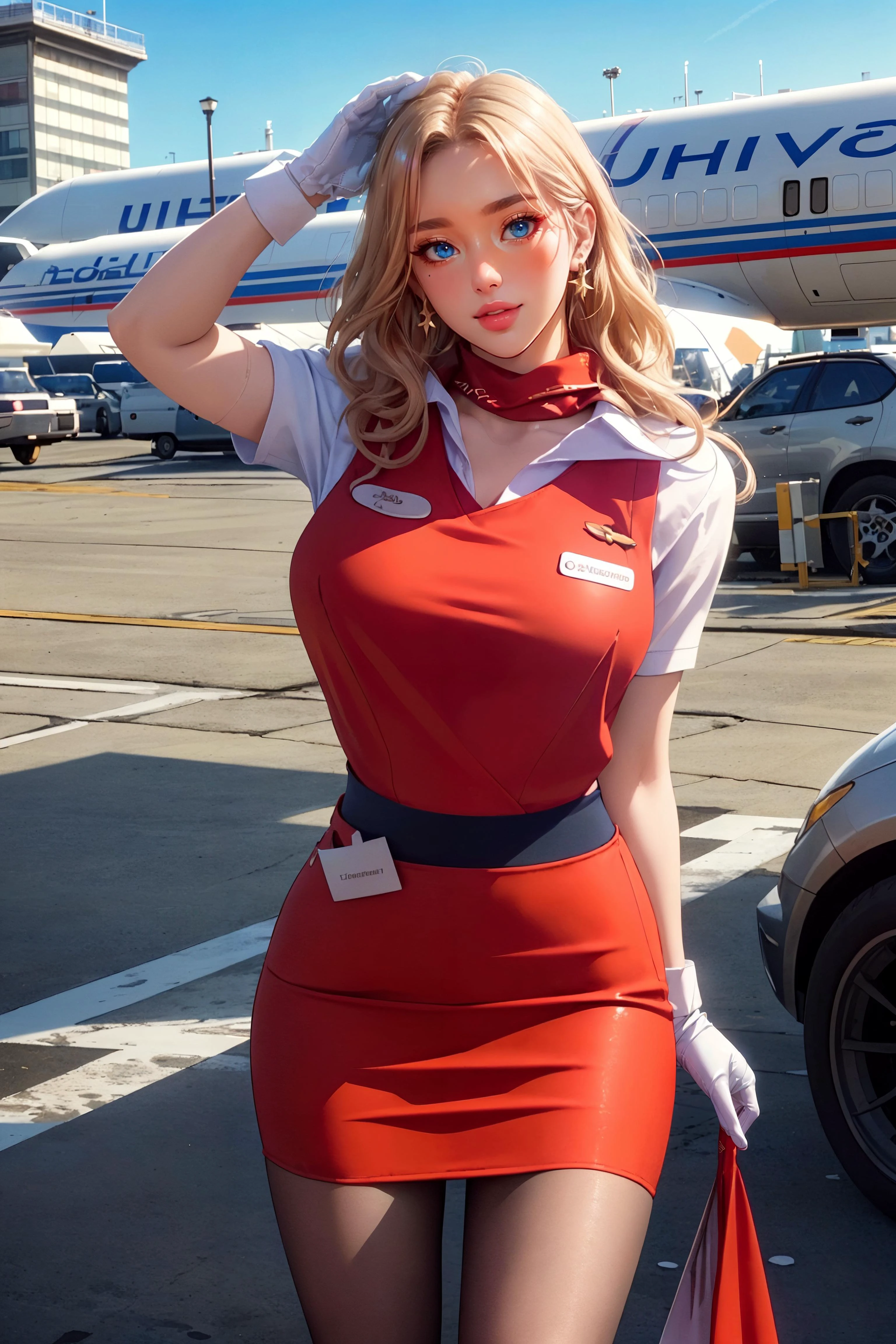 (masterpiece:1.3, realistic:1.3), best quality, ultra detailed, intricate, professional photography, HDR, High Dynamic Range, (8k UHD), RAW photo, dslr, realistic LUT, cinematic LUT, perfect lighting, professional lighting, cinematic lighting, cinematic shadows, iridescent lighting, high quality shadow, sharp focus, beautiful and aesthetic, looking gorgeous, iridescent colours, shiny, high quality texture, intricate details, detailed texture, finely detailed, high detail,
<lora:ostris_HDhelper_v10:0.1>, <lora:ostris_detailSlider_v40:2>, <lora:envy_betterhands_beta2:1.2>, (pale skin, detailed skin:1.3, Glossy skin + Shiny skin:1.1), long blonde hair, hair ornament, exquisite earrings, gigantic breasts, skinny body, fit body, slim, narrow waist, slim legs, long legs, pantyhose, high heels,
<lora:hatch_russianStewardess_v10:0.9>, Stewardess, (red unifrom:1.3), (pencil skirt:1.3), (withe neck scarf:1.3), white gloves, outdoor, (parking apron:1.3), blue sky, sunlight, aircraft,