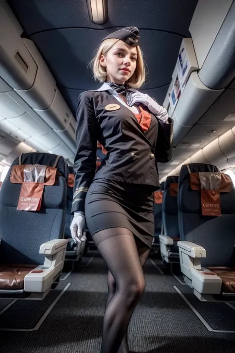 (realistic:1.3), finely detailed, quality, rembrandt lighting, (masterpiece:1.2), (photorealistic:1.2), (best quality), (detailed skin:1.3), (intricate details), dramatic, ray tracing, 1girl, russian girl, 21 years old, detailed skin texture, (blush:0.5), (goosebumps:0.5), subsurface scattering, smiling, medium breasts, short hair, blonde hair, bangs, looking at viewer, stewardess, dark blue uniform, garrison cap, pantyhose, white gloves, (airplane cabin), <lyco:RussianStewardess_v10:1.0>