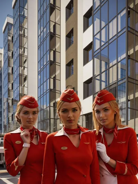 perfect photo of a group of women standing in front of a high-rise building with suitecase, stewardess, red uniform, forage cap, white gloves, <lyco:RussianStewardess_v10:1>