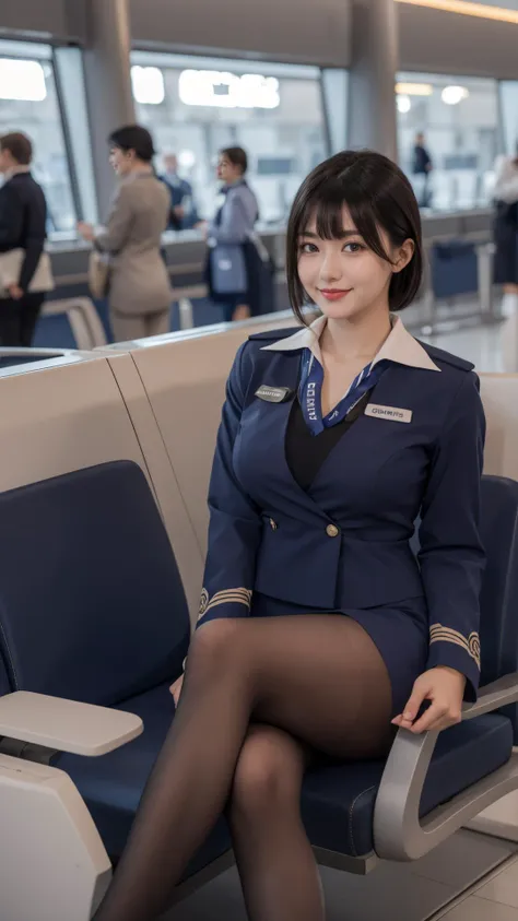 (1girl),(stewardess),blue uniform,pantyhose,realistic,(curvy:1.2),russian,looking at viewer,smile,( high quality:1.2),<lora:RussianStewardess_v10:0.66>,(black hair),(mature_female),airport lounge,big chest,(swept bangs),