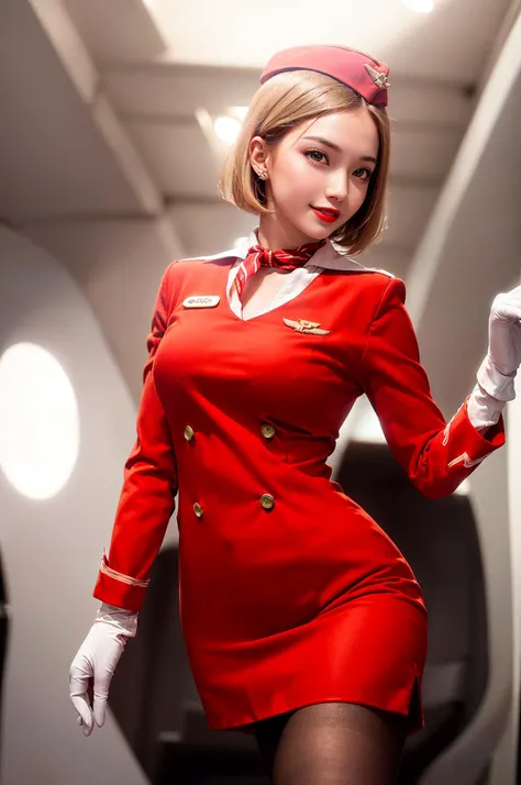 (RAW photo, best quality, masterpiece:1.4), realistic, ultra highres, absurdres,
1girl,
symmetric eyes, eye makeup, light on face, blush, red lips,
(very short hair, light blonde hair, bob cut:1.2),
medium breasts,
(Stewardess, red uniform, garrison cap, white gloves, pantyhose:1.1), <lora:russianStewardess_v10:0.8>
slim waist, slim legs,
airplane cabin interior,
supermodel, perfect body proportions,
shiny skin, skin pore, highly detailed skin,
smiling,
perfect body proportions, best lighting, detailed background, detailed shadow, sharp focus,