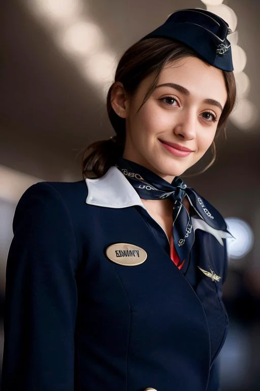 1 girl, smile, <lora:Emmy RossumV2:1> emmy rossum, <lora:aeroflot_2LYCO:1> dark_blue_uniform, Stewardess, ,<lora:epiCRealismHelper:0.6>, <lora:lora_perfecteyes_v1_from_v1_160:0.6> full body shot, best quality, 4k, 8k, ultra highres, raw photo in hdr, sharp focus, intricate texture, skin imperfections, photograph of , high detailed skin, skin pores,