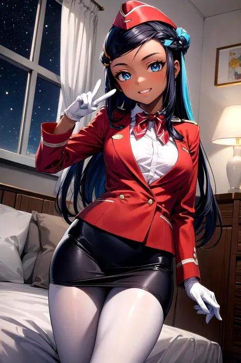 (masterpiece, best quality, detailed), 1girl, solo, looking at viewer,
<lora:nessa pokemon by Goofy Ai:0.8>, nessa, very long hair, single hair bun ,blue eyes, dark skin, dark-skinned female, <lora:aeroflot_2LYCO:0.8> Stewardess, red unifrom, garrison cap, white gloves, pantyhose, indoors, window, night sky, bedroom, curtains, lamp, peace sign, grin