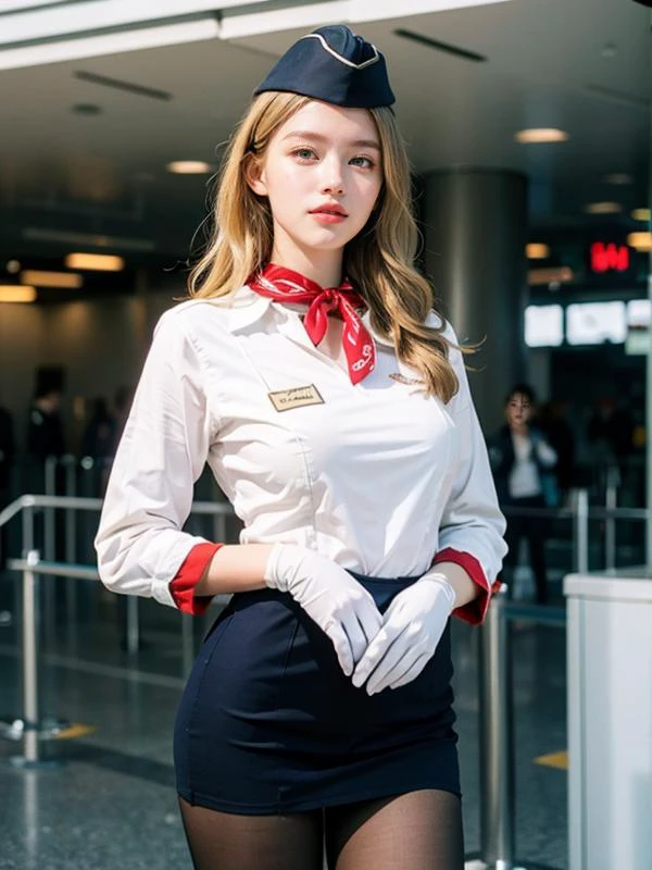 DV_Keeley_Vicious, ((blonde hair)), wavy hair, short hair, best quality, masterpiece, (photorealistic:1.2), (raw photo with soft light), natural skin texture, dynamic pose, 1 woman, at airport, large breasts, ((wearing stewardess outfit)) red uniform, garrison cap, pantyhose, white gloves <lora:NegStd3:0.3> <lyco:RussianStewardess_v10:0.5>