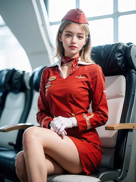 DV_Keeley_Vicious, ((blonde hair)), wavy hair, short hair, best quality, masterpiece, (photorealistic:1.2), (raw photo with soft light), natural skin texture, dynamic pose, 1 woman, at airport, large breasts, ((wearing stewardess outfit)) red uniform, garrison cap, pantyhose, white gloves <lora:NegStd3:0.3> <lyco:RussianStewardess_v10:0.8>