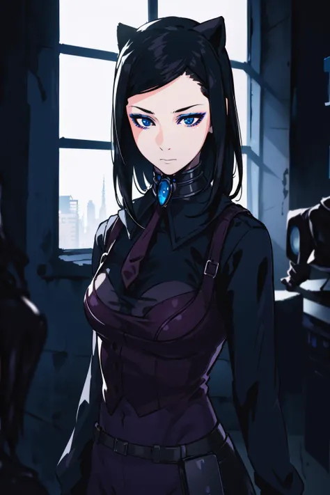 (intricate detail), (highly detailed, fine details), best quality, 1girl,beautiful lighting, film grain, solo, blue eyes, black hair, eyeshadow, suit, closed mouth, eyeliner, cowbot shot, (old building environment), Re-l, <lora:BeautifulDetailedEyes:0.3>, <lora:Ergo:1>