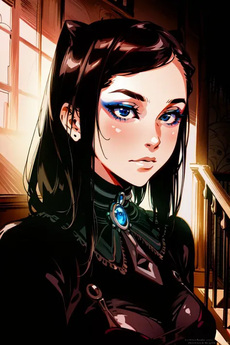 ultra realistic 8k cg, masterpiece, ((ultra detailed background, delicate pattern, intricate detail)), (highly detailed, fine details), best quality, 1girl, (photorealistic:1.4),beautiful lighting, absurdres, RAW photo, film grain, 1girl, solo, blue eyes, eyeshadow, closed mouth, eyeliner, cowbot shot, (inside, complex detailed background, stairway, stairs, old building environment), Re-l, <lora:Ergo10:0.9>, <lora:BeautifulDetailedEyes:0.3>